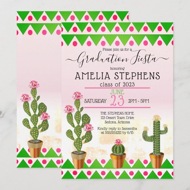 Invitation Fête de Remise de Diplômes Bohème Chic Cactus (Devant / Derrière)