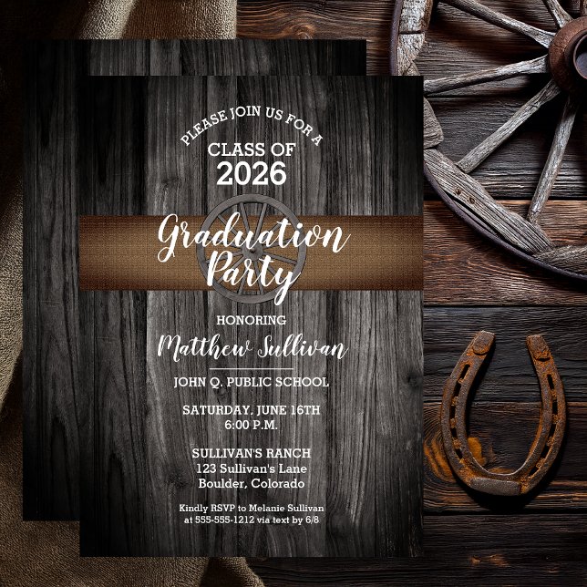 Invitation Fête de Remise de Diplômes Bois Rustique Toile de  (No Photo Graduation Invitation
Rustic Wood & Burlap
Class of 2026)