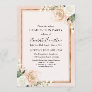 Invitation Fête de remise de diplômes chic florale rose et or