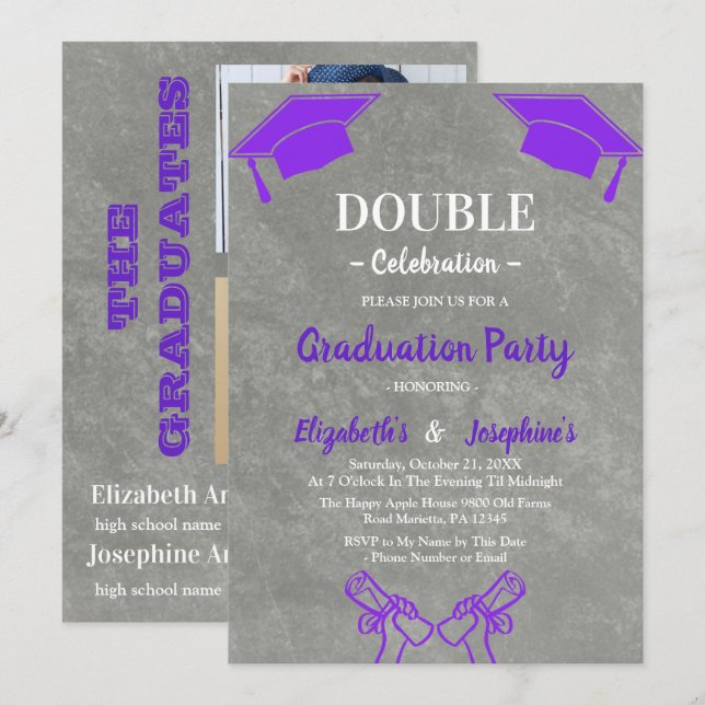 Invitation Fête de remise de diplômes conjointe Violet 2 phot (Devant / Derrière)