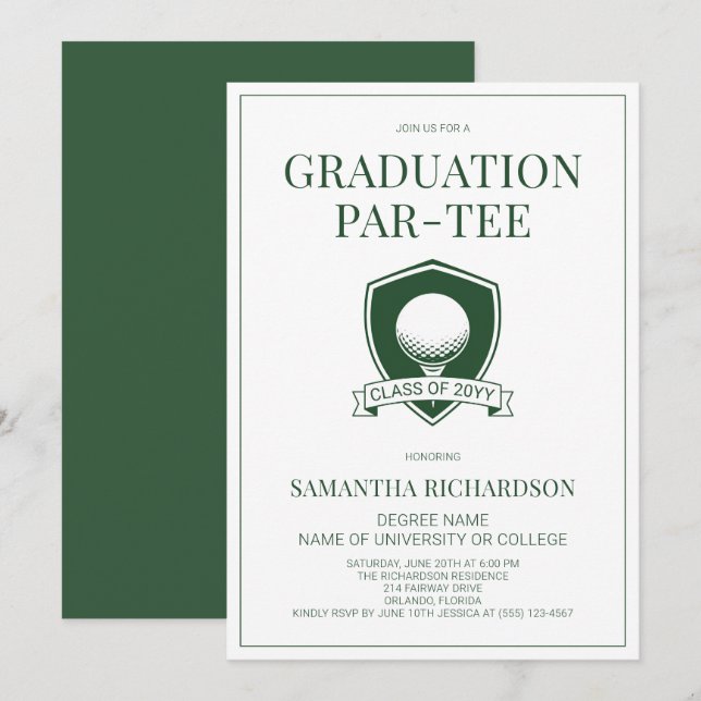 Invitation Fête de remise de diplômes de golf élégante verte  (Devant / Derrière)