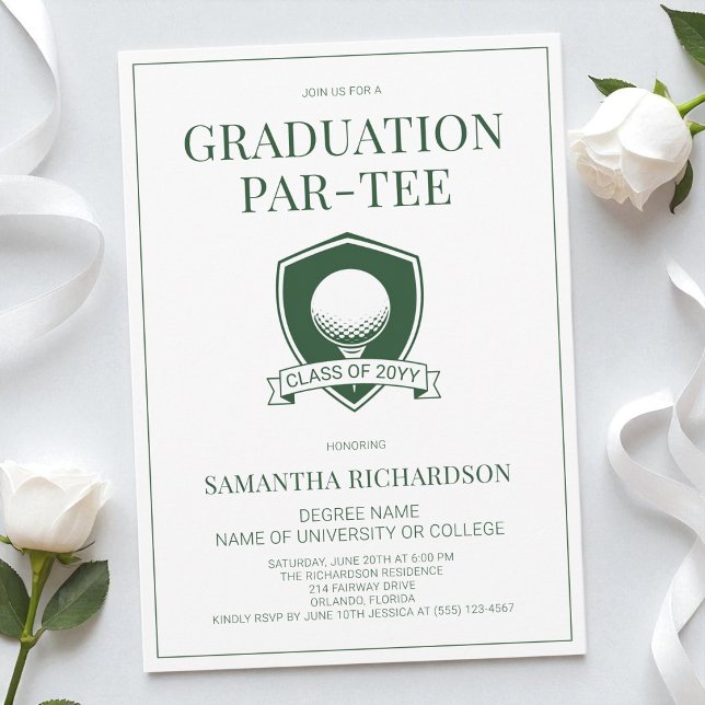 Invitation Fête de remise de diplômes de golf élégante verte  (Modern Green & White Elegant Golf Graduation Party Invitation)