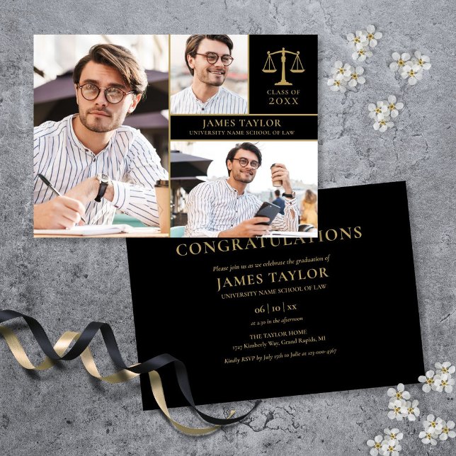 Invitation Fête de remise de diplômes de la faculté de droit  (Black And Gold 3 Photo Law School Graduation Party Invitation)