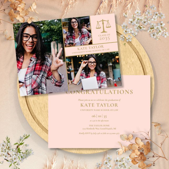 Invitation Fête de remise de diplômes de l'école de droit Ros (Blush Pink 3 Photo Law School Graduation Party Invitation)