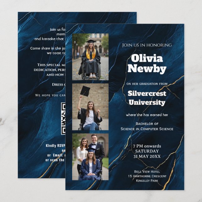 Invitation 🎓Fête de remise de diplômes de luxe avec code QR  (Devant / Derrière)