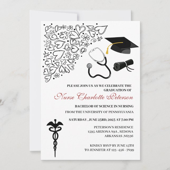 Invitation Fête de remise de diplômes d'infirmière avec doodl (Devant)