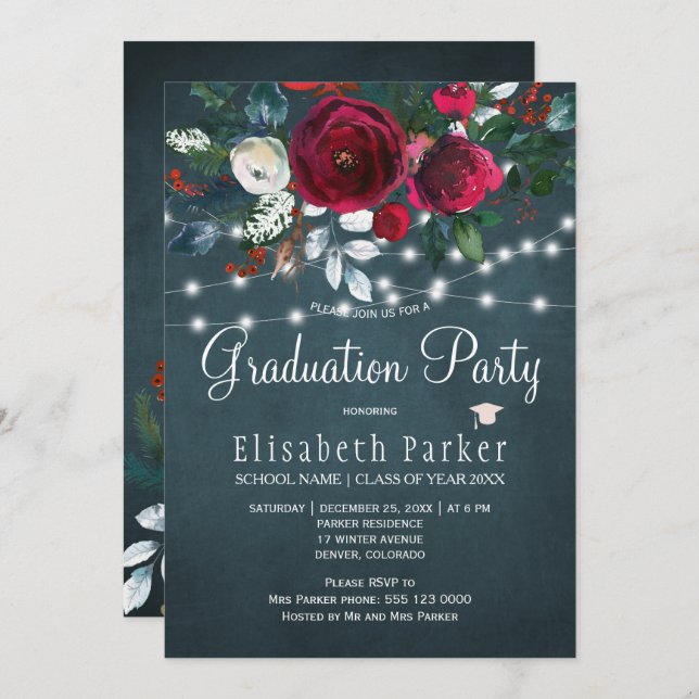 Invitation Fête de remise de diplômes élégante avec fleurs hi (Devant / Derrière)