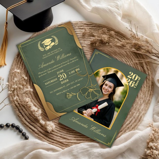Invitation Fête de remise de diplômes élégante verte et dorée (Créateur téléchargé)
