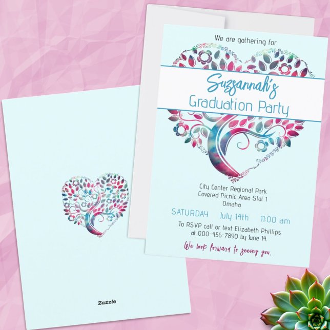 Invitation Fête de remise de diplômes en forme d'arbre en cœu (front and back of template invitation)