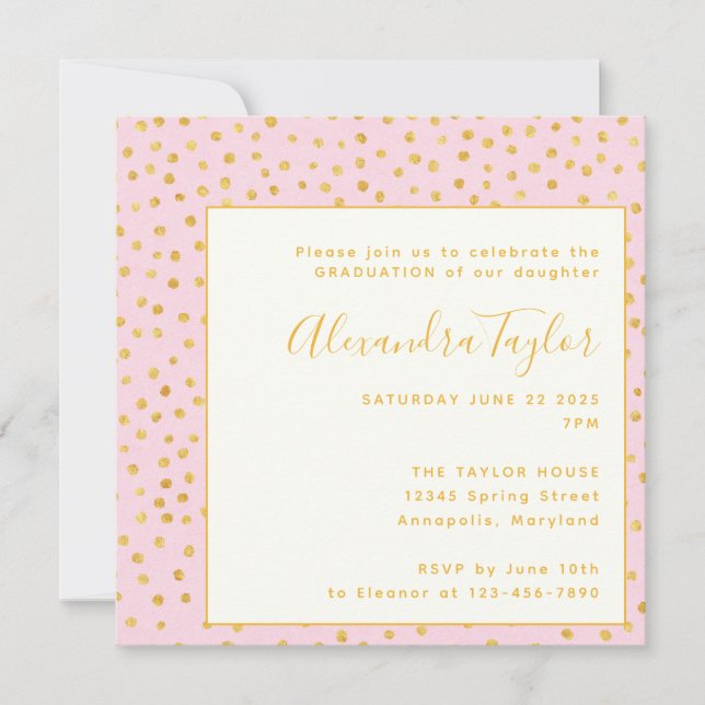 Invitation Fête de remise de diplômes fille Confettis Rose Or (Devant)