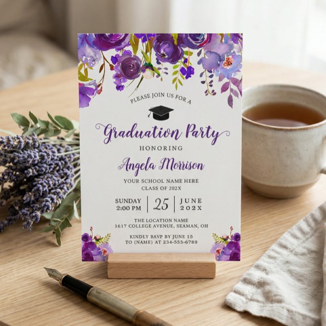 Invitation Fête de remise de diplômes Fleurie Violet Ultra (Créateur téléchargé)