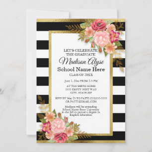 Invitation Fête de remise de diplômes fleurs noir blanc or et