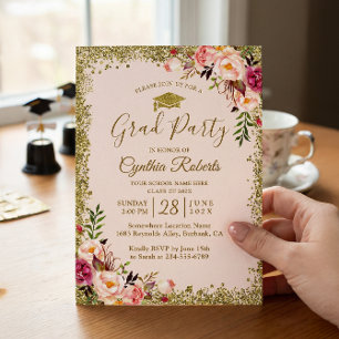 Invitation Fête de remise de diplômes Floral Rose Pâle Paille