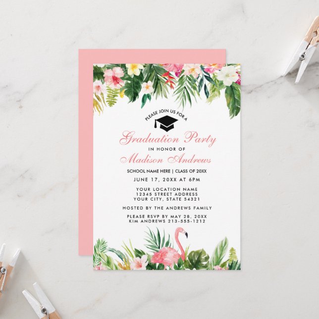 Invitation Fête de remise de diplômes Floral Tropical Rose (Devant/Arrière en situation)