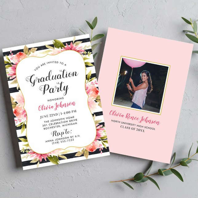 Invitation Fête de remise de diplômes florale avec aquarelle  (Créateur téléchargé)