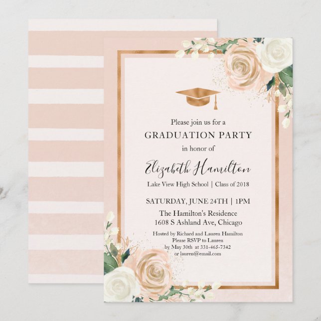 Invitation Fête de remise de diplômes florale moderne rose et (Devant / Derrière)