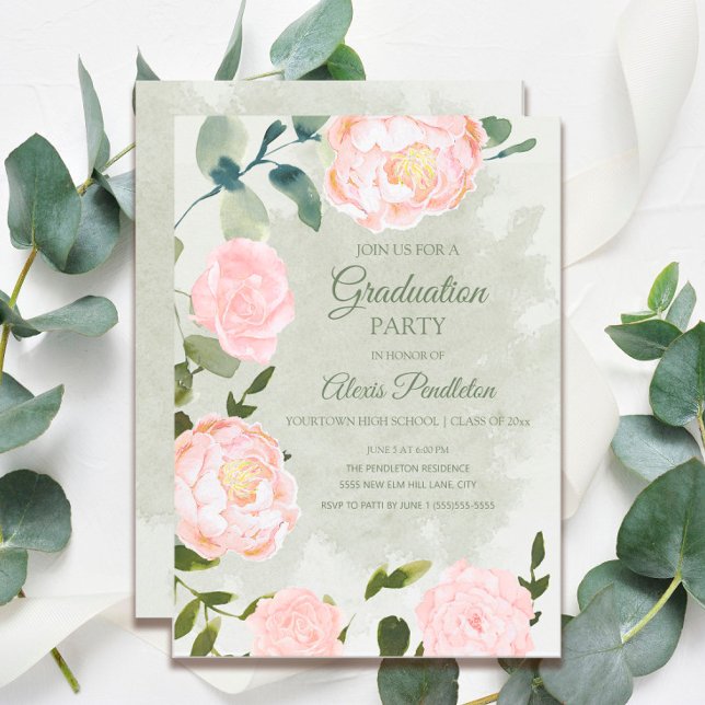Invitation Fête de remise de diplômes florale rose printanièr (Créateur téléchargé)