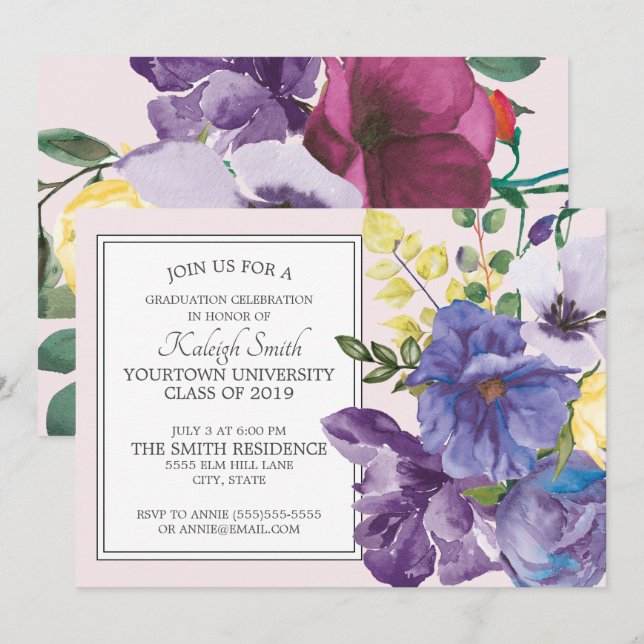 Invitation Fête de remise de diplômes florale violet jaune ro (Devant / Derrière)