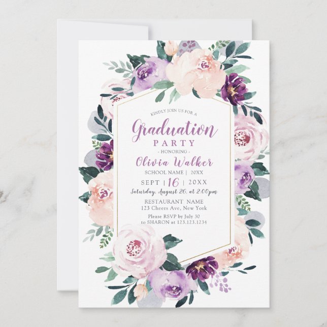 Invitation Fête de remise de diplômes florale violette botani (Devant)