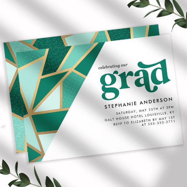 Invitation Fête de remise de diplômes géométrique verte et or (Créateur téléchargé)