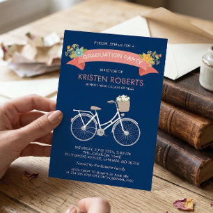 Invitation Fête de remise de diplômes girly vélo floral bleu 