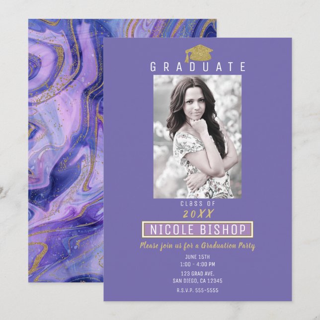 Invitation Fête de remise de diplômes glamour Marbre Violet P (Devant / Derrière)