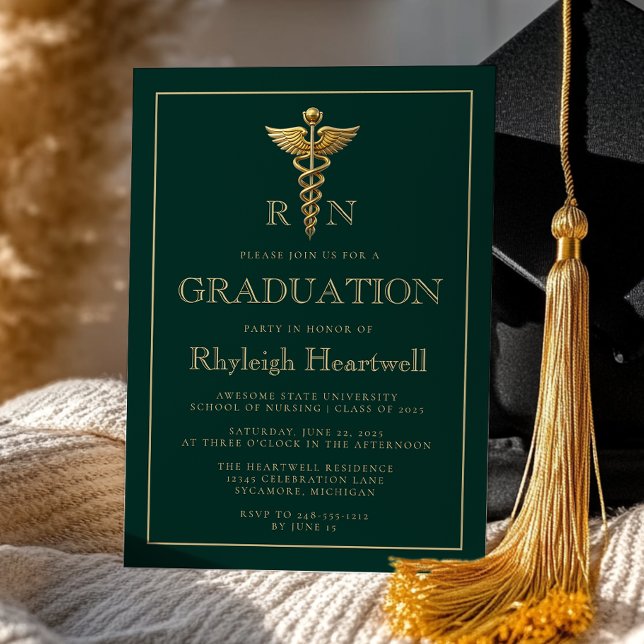 Invitation Fête de remise de diplômes Infirmière RN Or Vert F (Créateur téléchargé)