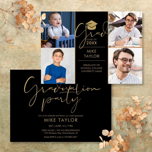 Invitation Fête de remise de diplômes Modern Then And Now 4 P (Modern Then And Now 4 Photo Graduation Party Invitation)