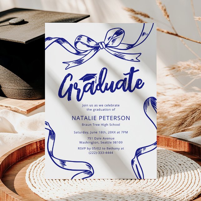 Invitation Fête de remise de diplômes moderne avec nœud bleu  (Créateur téléchargé)