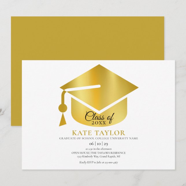 Invitation Fête de remise de diplômes moderne simple en or (Devant / Derrière)