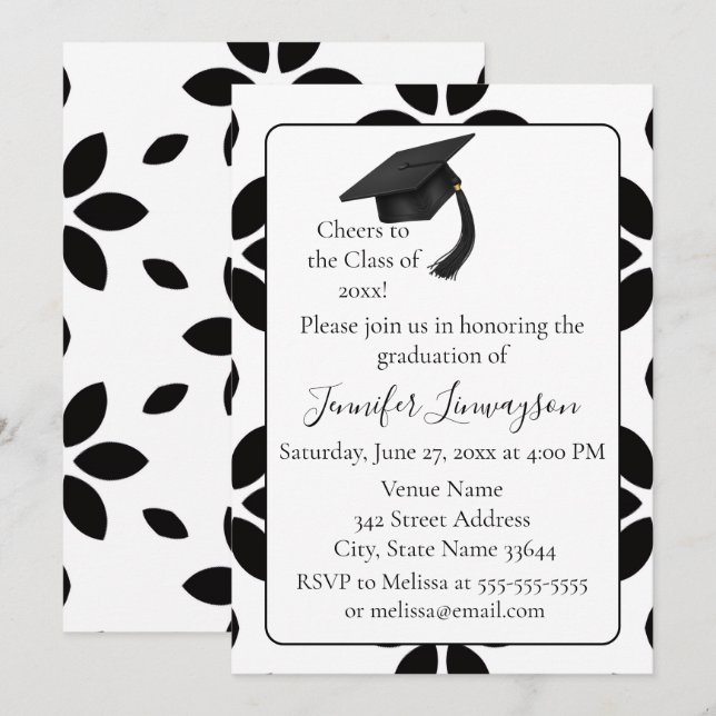 Invitation Fête de remise de diplômes pétale noir et blanc mo (Devant / Derrière)