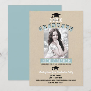 Invitation Fête de remise de diplômes photo bleue Kraft minim