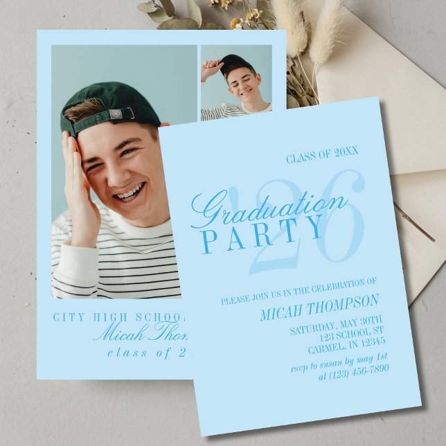 Invitation Fête de remise de diplômes photo bleue moderne (Modern Blue Photo Graduation Party Invitation)