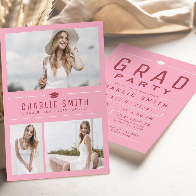Invitation Fête de remise de diplômes photo typographie moder (Pink Red Modern Typography Photo Graduation Party Invitation)