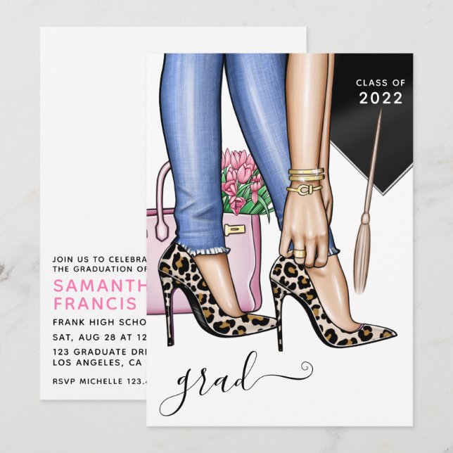 Invitation Fête de remise de diplômes pour fille de mode léop (Devant / Derrière)