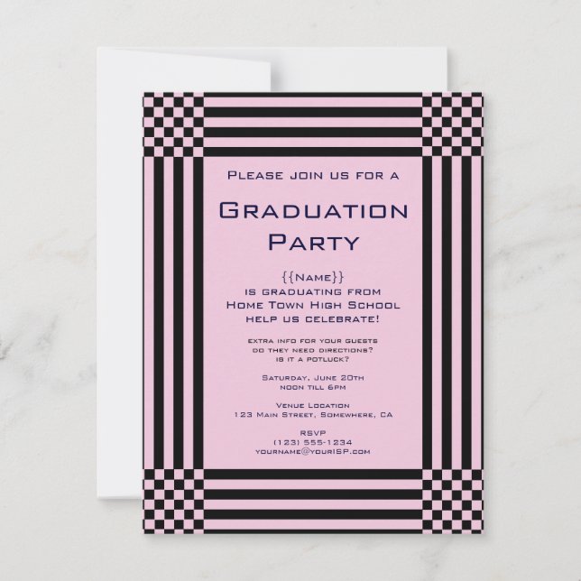 Invitation Fête de remise de diplômes rayures damier noir et  (Devant)