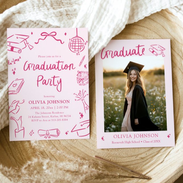 Invitation Fête de remise de diplômes rose dessinée à la main (Modern Whimsical Hand Drawn Pink Graduation Party Invitation)