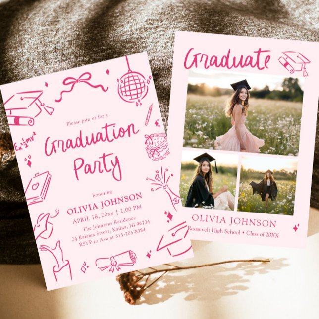 Invitation Fête de remise de diplômes rose dessinée à la main (Modern Whimsical Hand Drawn Pink Graduation Party Invitation)