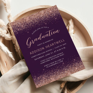 Invitation Fête de remise de diplômes Rose Gold Glitter Viole