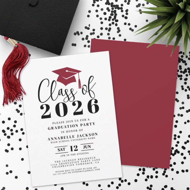 Invitation Fête de Remise de Diplômes Rouge Simple Moderne (Simple Modern Red Graduation Party Invitation)