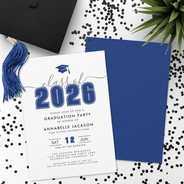 Invitation Fête de remise de diplômes simple moderne bleu (Simple Modern Blue Graduation Party Invitation)