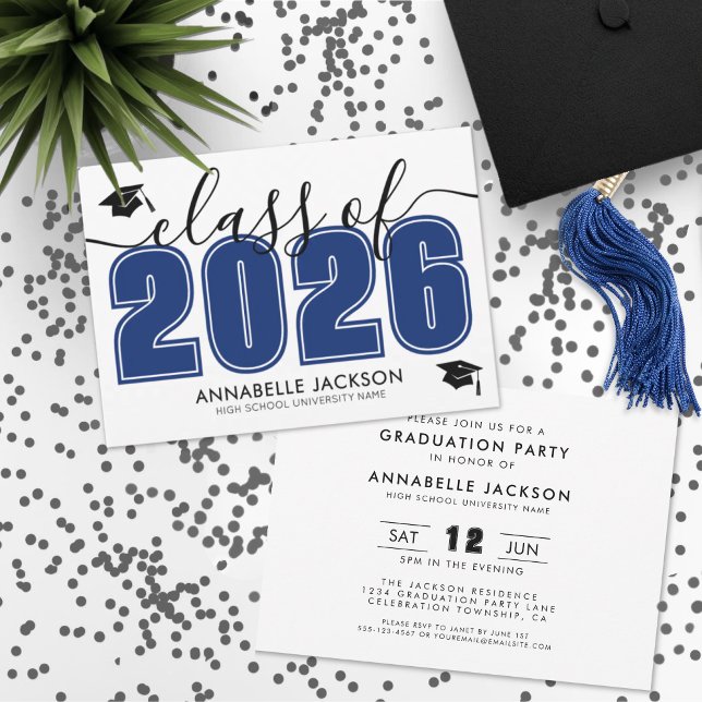 Invitation Fête de remise de diplômes simple moderne bleu (Simple Modern Blue Graduation Party Invitation)