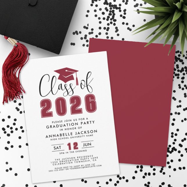Invitation Fête de remise de diplômes simple moderne rouge (Simple Modern Red Graduation Party Invitation)