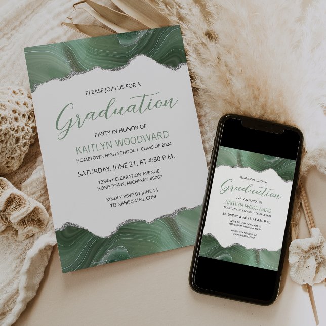 Invitation Fête de remise de diplômes Vert Sauge Agate Argent (Créateur téléchargé)