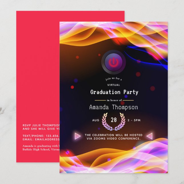 Invitation Fête de remise de diplômes virtuelle Neon Glow Fla (Devant / Derrière)