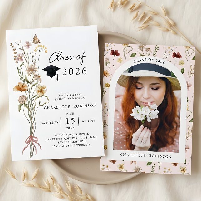 Invitation Fête de remise des diplômes 2026 Fleur sauvage pri (Stylish Spring Wildflower 2026 Graduation Party Invitation)