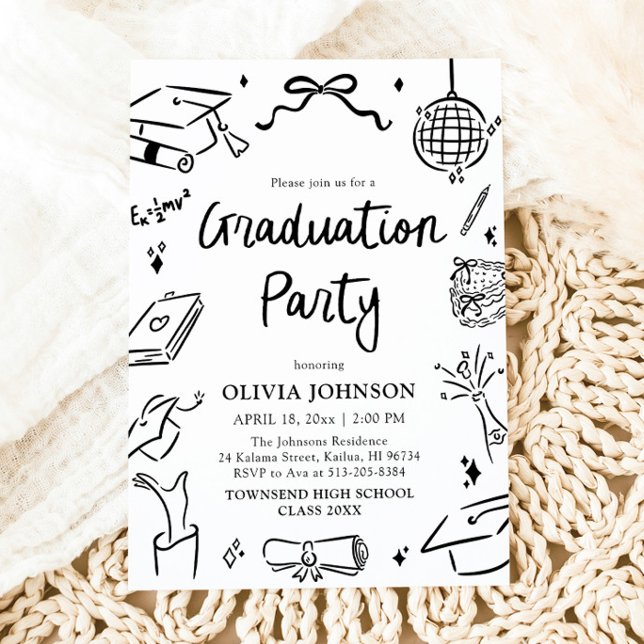 Invitation Fête de remise des diplômes à l'arc dessinée à la  (Modern Whimsical Hand Drawn Bow Graduation Party Invitation)