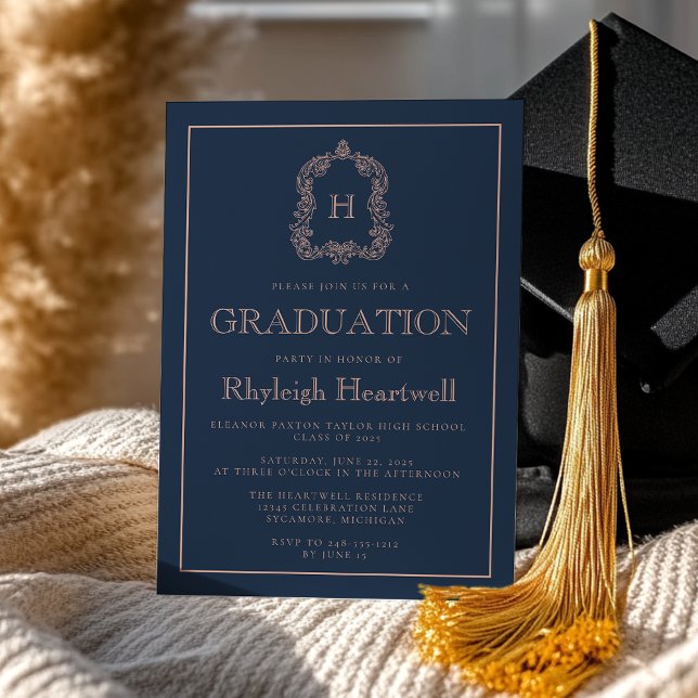 Invitation Fête de remise des diplômes à monogramme Rose Bleu (Créateur téléchargé)