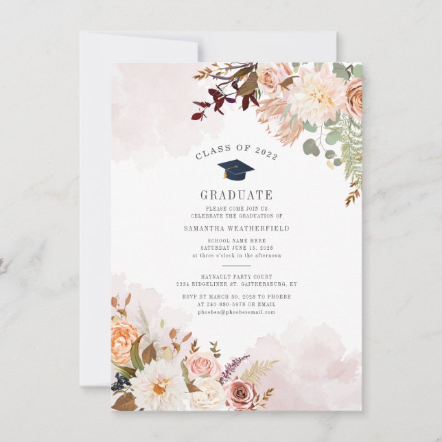 Invitation Fête de remise des diplômes aquarelle florale mode (Devant)