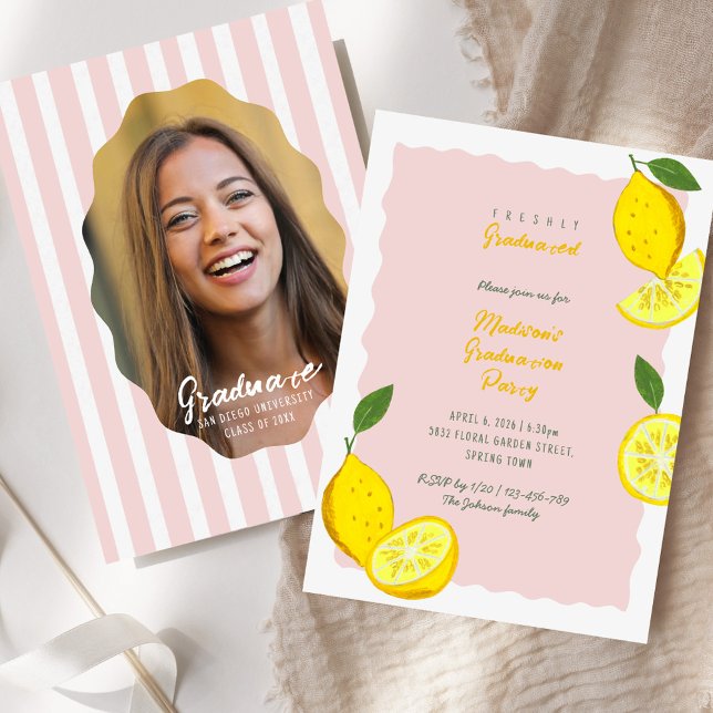 Invitation Fête de Remise des Diplômes au Citron Rose (Lemon Graduation Party Pink Citrus Invitation)